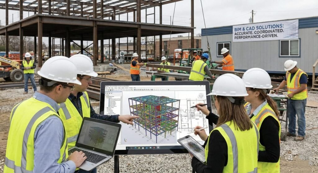 Construction site with workers and plans.